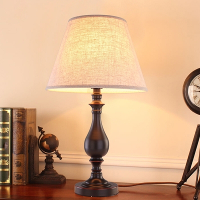 Brown Bell Night Table Lamp Colonial Fabric LED Study Room Reading Light with Iron Base