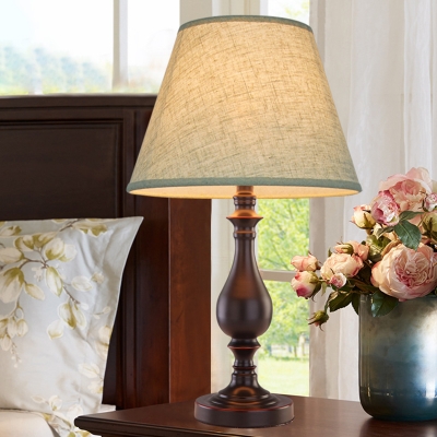 Brown Bell Night Table Lamp Colonial Fabric LED Study Room Reading Light with Iron Base