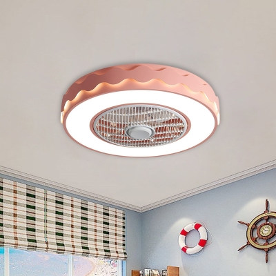 Circle Metal Ceiling Fan Light Macaron White/Black/Pink LED Semi Flush Mount Lamp for Bedroom, 23