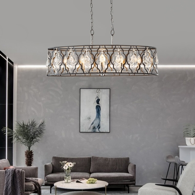 Clear Crystal Drum Ceiling Pendant Contemporary 8 Bulbs Black Island Lighting with Radial Design