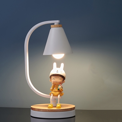 Conical Night Lamp Cartoon Metallic 1 Head Black/White Reading Light with Boy/Girl/Sika Deer Deco