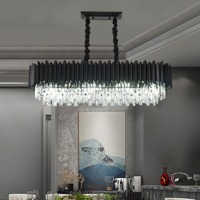 Contemporary 6/8 Lights Island Lamp with Crystal Prisms Shade Black Ellipse Hanging Lamp Kit for Restaurant