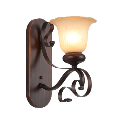 Country Bell Wall Light Sconce Single-Bulb Frosted Glass Wall Mount Lighting in Brown for Bedroom