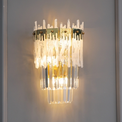 Crystal Gold Flush Wall Sconce Layered Half Cylinder 3 Lights Postmodern Wall Lamp