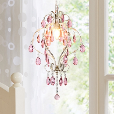 

Distressed White 1 Bulb Pendant Traditional Metal Scroll Arm Ceiling Hang Fixture with Pink Crystal Drip Decor, HL668091