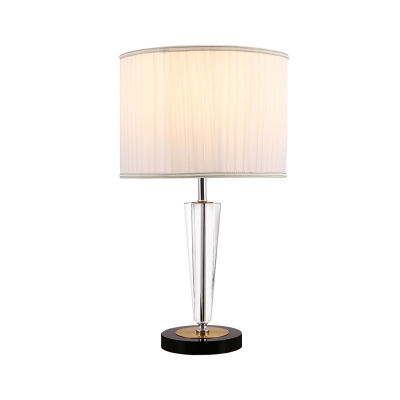 Drum Bedroom Night Lamp Country Pleated Fabric 1-Bulb White Nightstand Light with Crystal Base