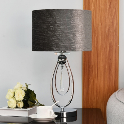 Fabric Drum Shade Table Lamp Contemporary Single Bulb Black Nightstand Light with Crystal Drop for Bedroom