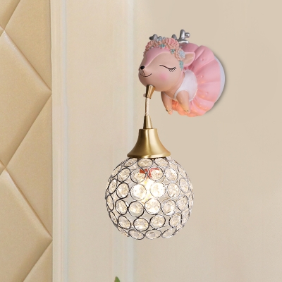 Global Crystal Encrusted Wall Lamp Cartoon 1 Head Pink Wall Mount Light with Elk/Elephant/Rabbit Design