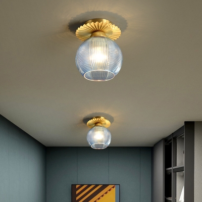 Globe Corridor Flushmount Lighting Prismatic White/Blue/Green Glass 1-Bulb Modernist Flush Mount Fixture in Gold