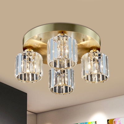 Gold 4-Head Semi Mount Lighting Postmodern Crystal Prism Cylindrical Flush Ceiling Light