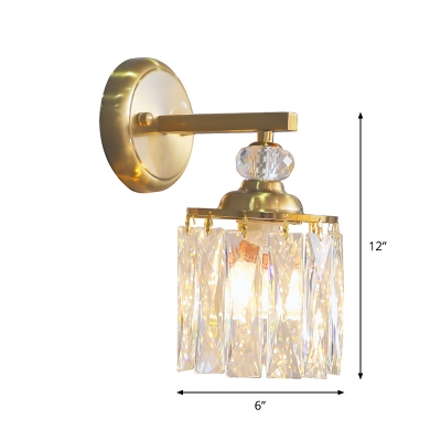 Gold Drum Sconce Light Modern Style 1-Head Clear Crystal Glass Wall Mounted Light Fixture for Doorway