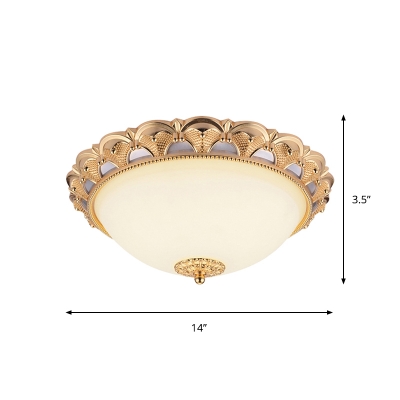 LED Dome Flush Mounted Light Fixture Vintage Gold Opal Frosted Glass Ceiling Lighting for Bedroom, 14