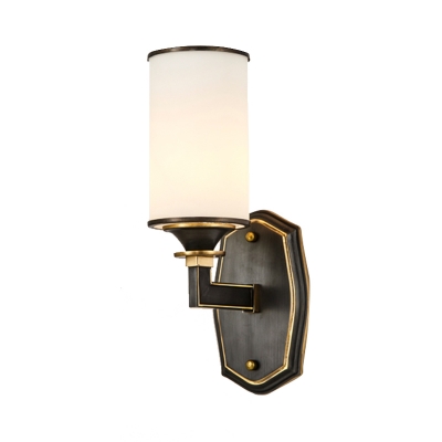 Milk Glass Pillar Wall Light Kit Vintage 1/2-Head Living Room Wall Sconce in Black and Gold