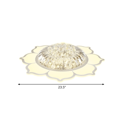 Modern LED Flush Light White Lotus Close to Ceiling Lighting with Clear Crystal Shade in Warm/White Light