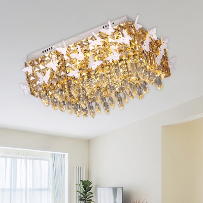 Modern Rectangle LED Ceiling Light Clear/Amber/Lake Blue Crystal Flush Mount with Butterflies Decor, Warm/White Light
