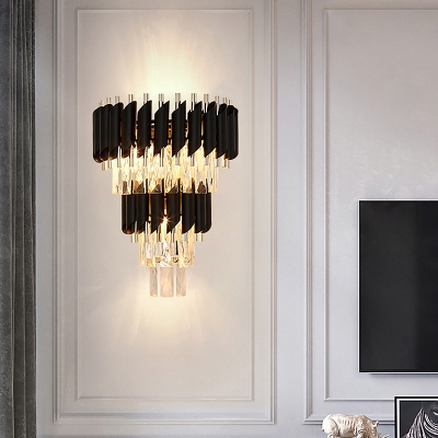 Modern Tapered Wall Light Fixture Crystal Block 3 Heads Sconce Light in Black for Living Room
