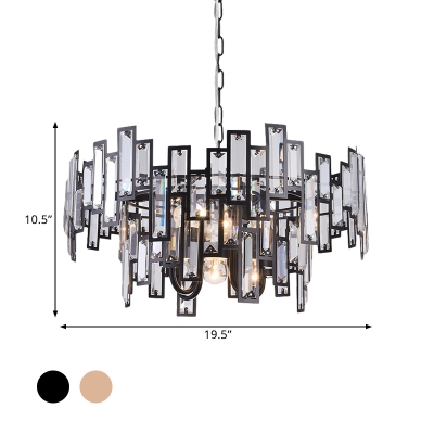 Rectangle-Cut Crystal Round Drop Lamp Modern 5-Bulb Chandelier Pendant Light in Black/Gold for Sitting Room