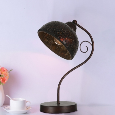 Rust Dome Table Light Vintage Metallic Single Head Study Room Nightstand Lamp with Curvy Arm