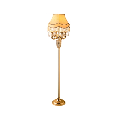 Scalloped Fabric Standing Light Rural Style 1 Light Living Room Floor Lamp in Gold with Dangling Crystal Accent