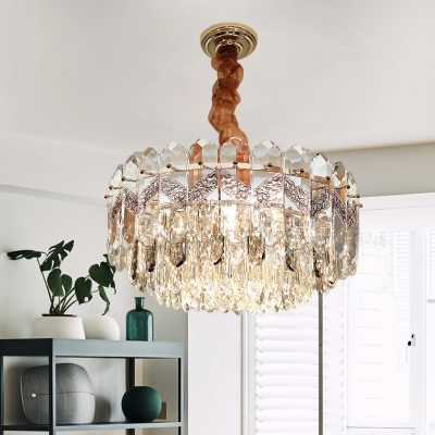 Tiered Hanging Pendant Light Modern Crystal Block 9 Heads Ceiling Chandelier in Smoke Gray/Champagne for Sleeping Room