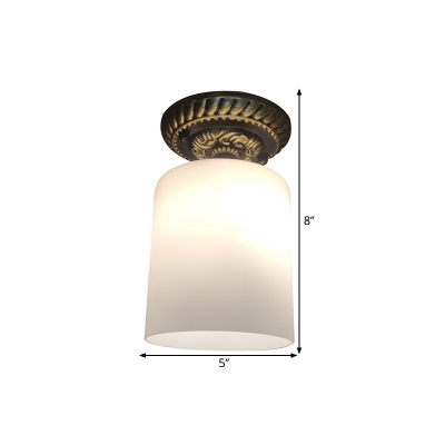 White Frosted Glass Cylinder Ceiling Flush Rustic 1 Light Flush mount Lighting Fixture in Brown