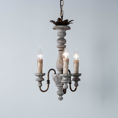 Wood Candlestick Hanging Chandelier French Country 3 Lights Living Room Pendant in Grey
