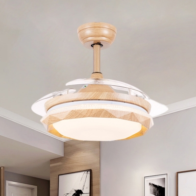 Wood Round Semi Flush Mount Modernism LED Beige Hanging Fan Light Fixture with 3 Clear Blades, 42