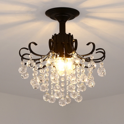 3-Bulb Crystal Chain Semi Flush Modern Style Black Swirling Foyer Ceiling Mounted Lamp