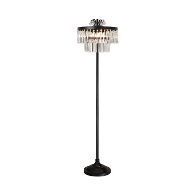 4-Light Crystal Prism Floor Light Vintage Black 2-Tier Round Bedroom Stand Up Lamp