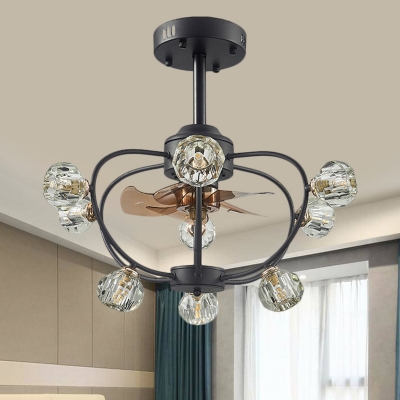 5 Blades 9 Bulbs Flush Ceiling Fan Rural Living Room Semi Flush Light with Ball Faceted Crystal Shade in Black, 24.5