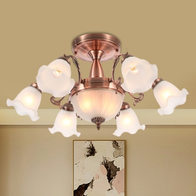 8-Light Semi Flush Light with Scallop Shade Cream Glass Rustic Dining Room Flush Mount in Bronze/Brass/Copper