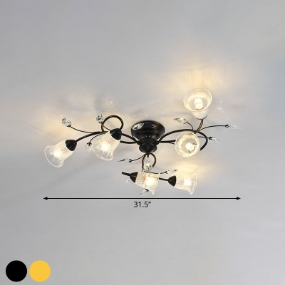 Bell Faceted Crystal Semi Mount Lighting Simple Style 6-Light Gold/Black Ceiling Light Fixture with Swirled Arm