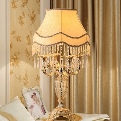 Bell Shade Bedroom Night Stand Light Traditional Fabric 4-Bulb Gold Table Lighting with Urn Crystal Base