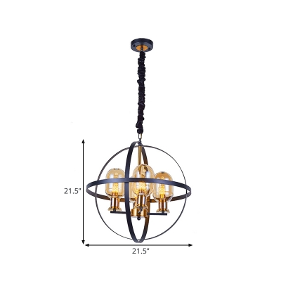Black-Gold Globe Cage Chandelier Lamp Industrial 4/6 Heads Iron Ceiling Hang Fixture with Oblong Amber Glass Shade