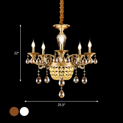 Brass 3/5 Bulbs Hanging Lamp Retro Style Clear/Amber Crystal Candle Chandelier for Dining Room