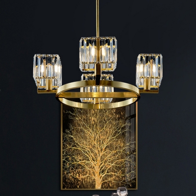 Brass Circular Flush Mount Chandelier Postmodern Clear Crystal Prism 4/6 Lights Bedroom Semi Flush Light