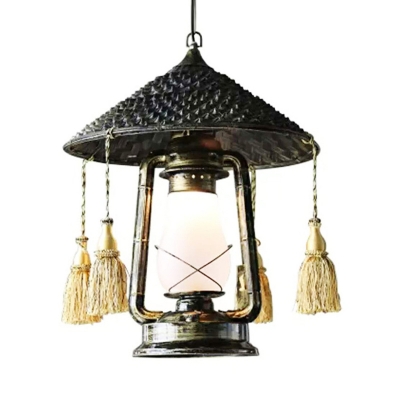Bronze 1-Bulb Hanging Lamp Fixture Antiqued Metallic Kerosene Lamp Shape Pendulum Light