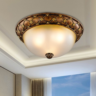 Brown Dome Flush Ceiling Light Countryside Frosted Glass 3-Bulb Hotel Flushmount Lighting, 15