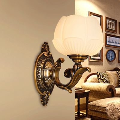 Bud Shape Bedroom Wall Sconce Lamp Vintage Opal Glass 1 Bulb Brass Wall Light Fixture