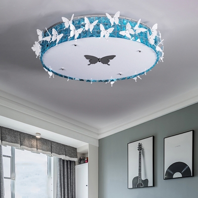 Butterfly-Embellished Drum LED Flushmount Modernist Clear/Amber Beveled Crystal Ceiling Flush Light, 19.5