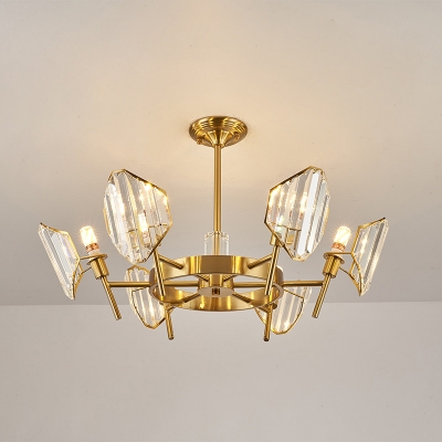 Classic Shield-Shape Semi Flush Light Clear Crystal 5/6-Bulb Close to Ceiling Lighting in Gold for Sitting Room