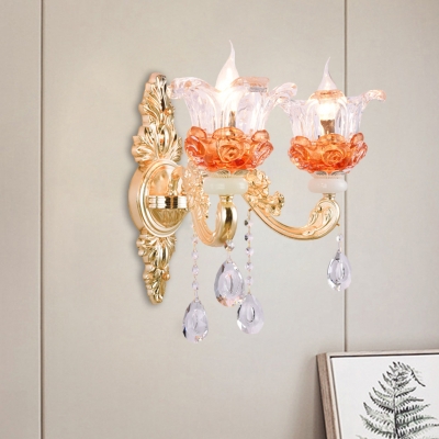 Clear and Amber Glass Blooming Sconce Traditional 1/2-Light Living Room Wall Mount Lamp in Gold