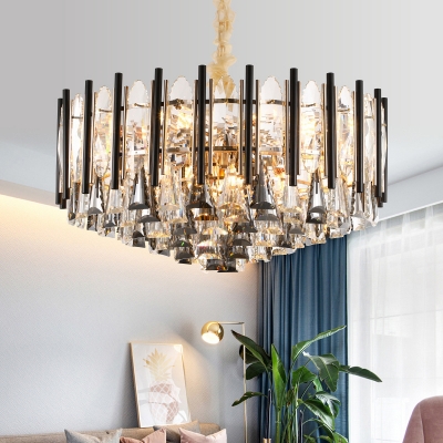 Clear Crystal Cone Down Lighting Pendant Modern 9 Lights Living Room Chandelier in Black