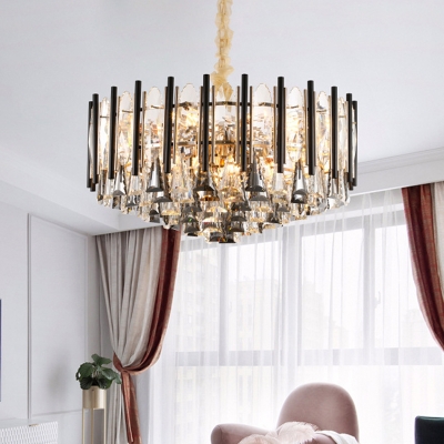 Clear Crystal Cone Down Lighting Pendant Modern 9 Lights Living Room Chandelier in Black