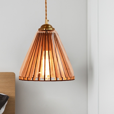 Cone/Barrel Restaurant Ceiling Lamp Traditional Amber Glass Single Bulb Brass Hanging Pendant Light