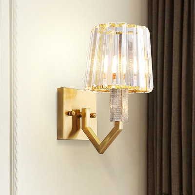 Contemporary 1-Light Wall Sconce Lighting with Prismatic Optical Crystal Shade Gold Tapered Wall Mount Lamp