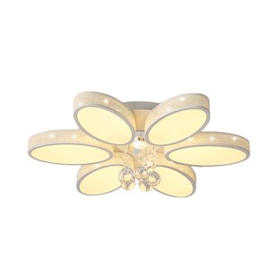 Contemporary Floral Ceiling Lamp White Acrylic LED Bedroom Flush Mount Fixture with Crystal Accent