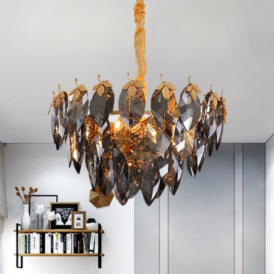 Contemporary Leave Hanging Chandelier Crystal Block 4 Bulbs Study Room Suspension Pendant in Gold