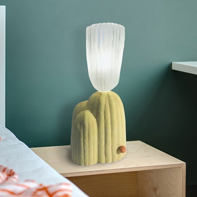 Cup-Shape Clear Ribbed Glass Night Light Simple 1-Head White/Green Table Lamp with Cactus Base