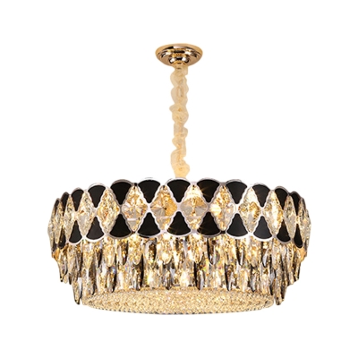 Drum Dining Room Pendant Light Modernist Cut Crystal 12-Light Black Chandelier Lamp